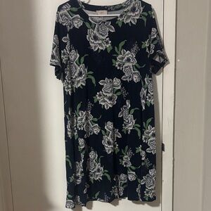 LOFT Navy Floral Midi Dress with White and Green Print